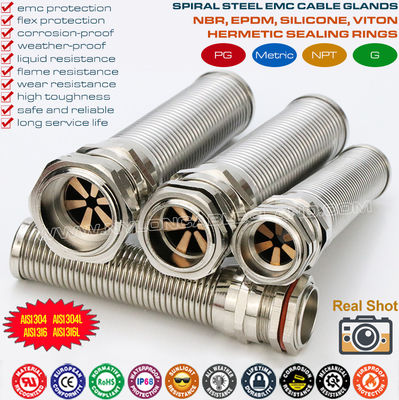 NPT Thread Stainless Steel EMC Cable Glands (Cord Grips) IP68 with Spiral Flex Protector