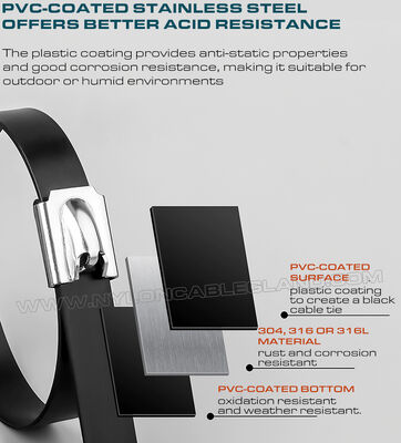 PVC Coated Metal (Stainless Steel) Cable Ties, Version 316L, 316 or 304, L: 200~1100mm x W: 16mm, 200 Lbs, Outdoor Use