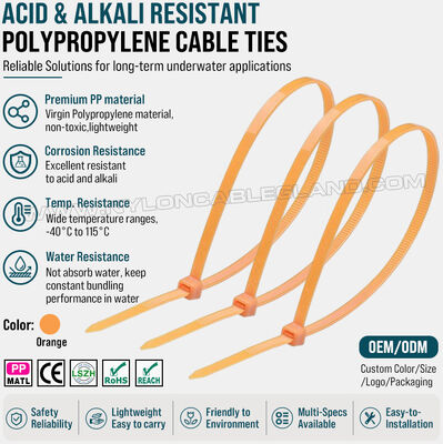 Waterproof Orange Polypropylene (PP) Cable Tie 3.6x200mm, Excellent Resistance to Chemical, Acid & Alkali, For Aquaculture Industry