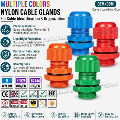 PG13.5 Long-Thread Color Plastic Cable Glands Nylon Polyamide, IP68 / IP69K, for Cables 6-12 mm or 5-9 mm