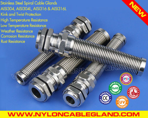 NPT Thread Stainless Steel EMC Cable Glands (Cord Grips) IP68 with Spiral Flex Protector