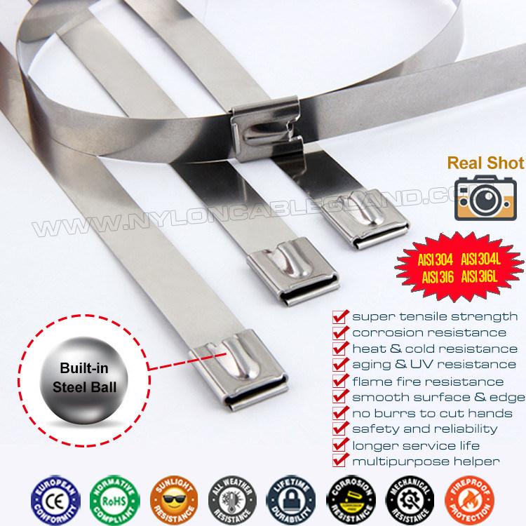 7.9mm Width Self-locking Metal Cable Ties, 100-1000mm Length Stainless Steel Ball-lock Cable Ties Type 304, 316, 316L for Harsh Conditions