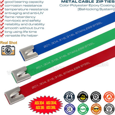 Makineler için polyester kaplı (epoksi kaplı) 304/316 paslanmaz çelik metal kablo bağı 15mm x 400mm (800lbs)