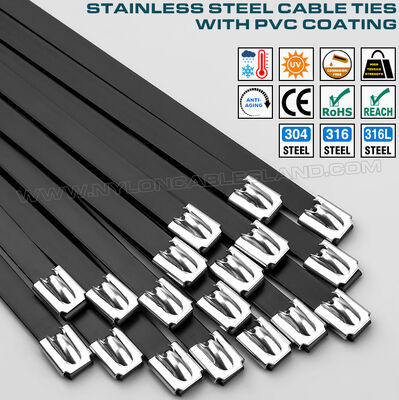 PVC kaplı metal (paslanmaz çelik) kablo bağları, 316L, 316 veya 304 versiyonu, uzunluklar 200-1100 mm x genişlik 16 mm, 200 lbs, mekan kullanımı