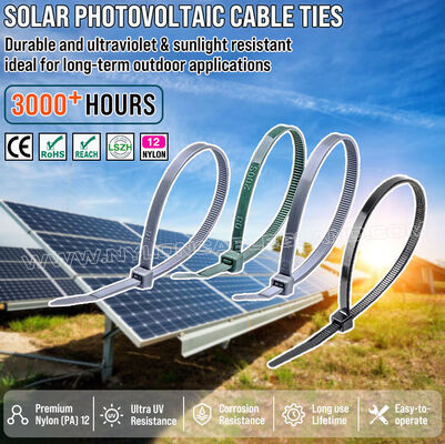 UV dirençli naylon (PA) 12 kablo bağı 300 mm x 4,8 (Ø 3-80 mm), mükemmel tuz ve kimyasal direnci, güneş enerjisi (fotovoltaik) endüstrisi için