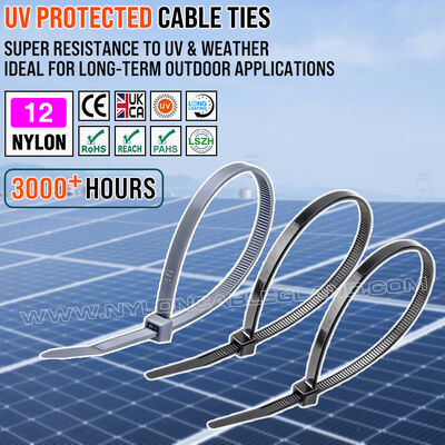 UV ışınlarına dayanıklı naylon 12 (poliamid 12 / PA12) kablo bağı 300 mm x 3.6, üstün hava koşullarına dayanıklılık, uzun süreli dış mekan uygulamaları için