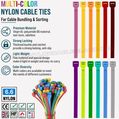 Renkli kablo bağı 200 mm x 4.8, görsel kablo yönetimi için 3~50 mm ayarlanabilir çok renkli Naylon 66 kablo kravat (222 N / 50 LBS)