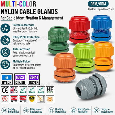 Renkli Kablo Bezleri, Nylon 6 (Polyamide 6, PA6), PG13.5 (6-12mm & 5-9mm), IP68/IP69K, Görsel Kimlik ve Kablo Organizasyonu için