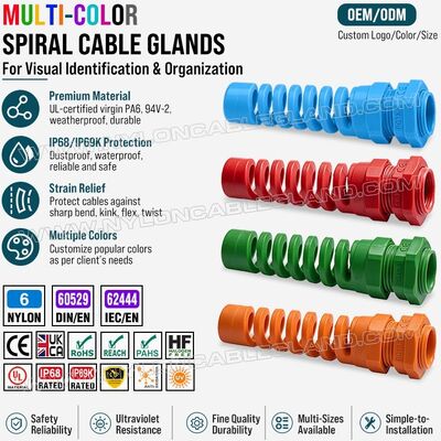Renkli spiral gerilim azaltmalı kablo rakoru, naylon 6 (poliamid 6/PA6), PG13.5 (Ø 6-12 mm ve 5-9 mm), IP68 ve IP69K, kablo tanımlama ve düzenleme için