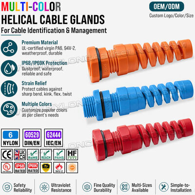 Gerilim azaltıcılı renkli spiral kablo rakorları (mavi, kırmızı, yeşil, sarı, gri, siyah), naylon poliamid 6, PG9, UL94V-2, 4-8 mm ve 2-6 mm kablolar için