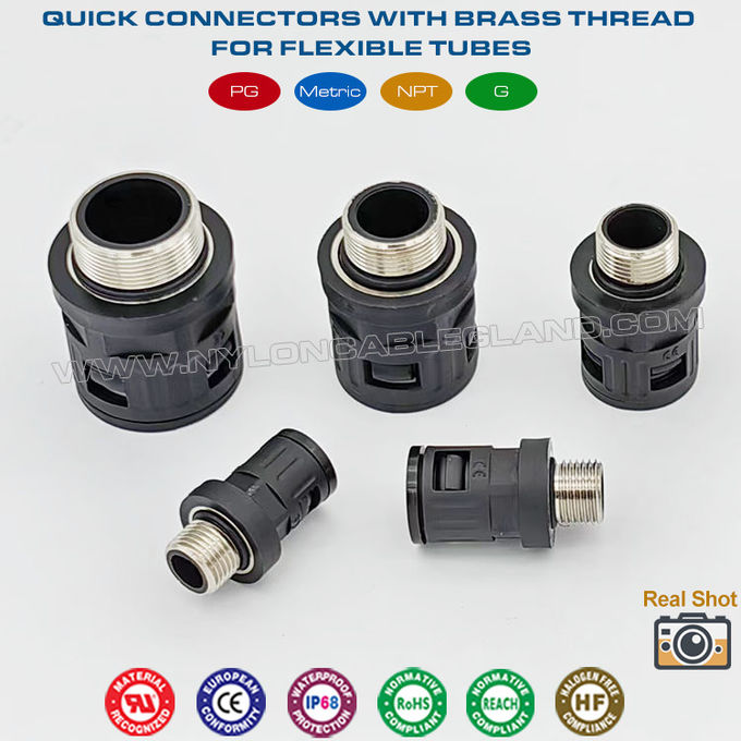 AD10~AD54.5 oluklu borular için M12~M63 metal metrik dişli siyah RAL9005 naylon hızlı konnektörler
