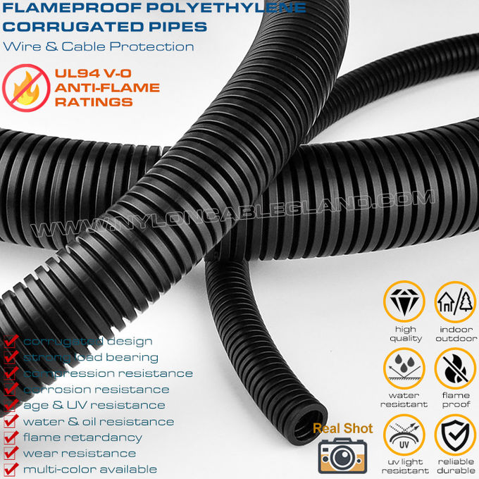 Elektrikli ekipmanlar için polietilen siyah aleve dayanıklı (UL94 V-0) oluklu borular ve AD7~AD108 esnek plastik hortumlar