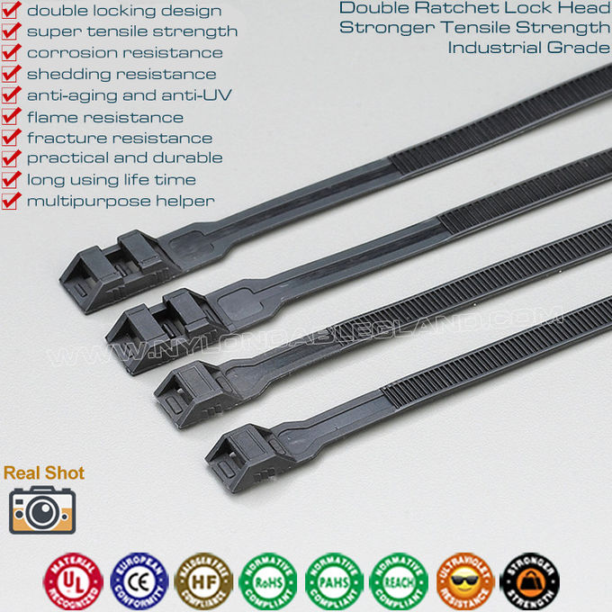 Kablo bağları çift kilitli kablo bağı kablo kemeri 9x350mm, çift kilitli siyah tel bağı 110LBS, Ø20-93mm