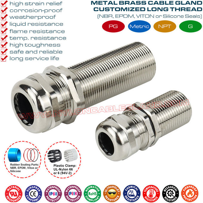 Uzun dişli kablo bezi kablo contası, kalın panel için uzatılmış dişli PG7~PG48 ve M12~M64 ile IP68/IP69K metal pirinç kablo rakorları