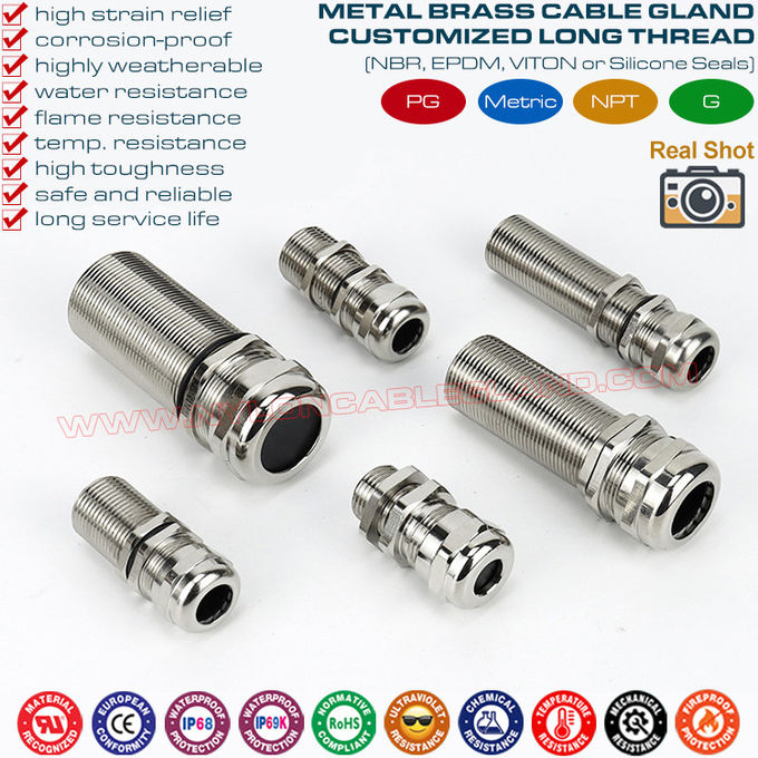 IP68 süper uzun dişli kablo bezleri, kalın panel için ultra uzun dişli PG7~PG48 ve M12~M64 ile IP69K metal pirinç kablo rakoru konnektörleri
