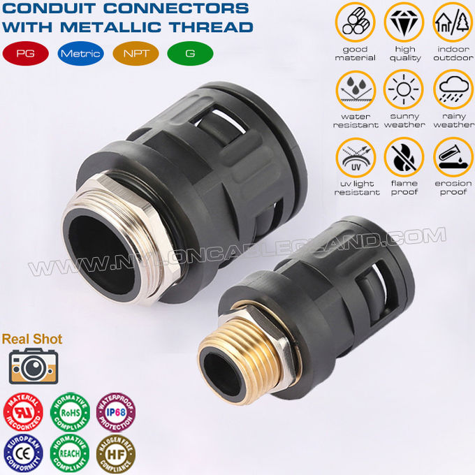 Naylon 6 hızlı konnektörler (eklemler) siyah RAL9005 metal dişli PG7~PG48 oluklu borular için AD7~AD108