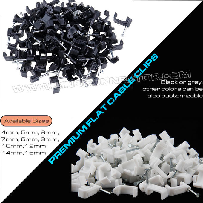 Plastik düz montaj kroşesi beyaz kablo düzenleyiciler, 4mm~19mm düz beton çivili kroşesi kare kablolar için çimento çivili siyah kablo düzenleyiciler