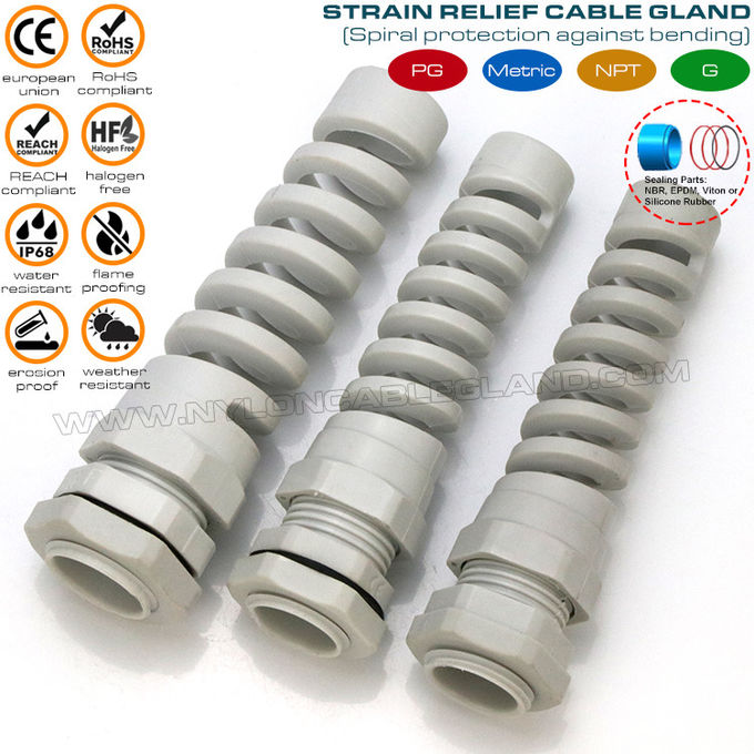Spiral kablo rakoru PG pitch naylon 6 IP68, gerginlik giderici kablo rakoru PG11 esnek kablo rakoru poliamid 6 gri 5-10mm kablo için