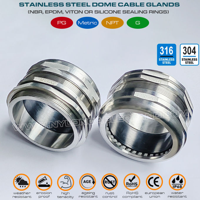 316L, 316, 304 paslanmaz çelik IP68 kablo rakoru M100x2.0, metrik erkek dişli (EN 60423), 78mm~84mm kablolar için