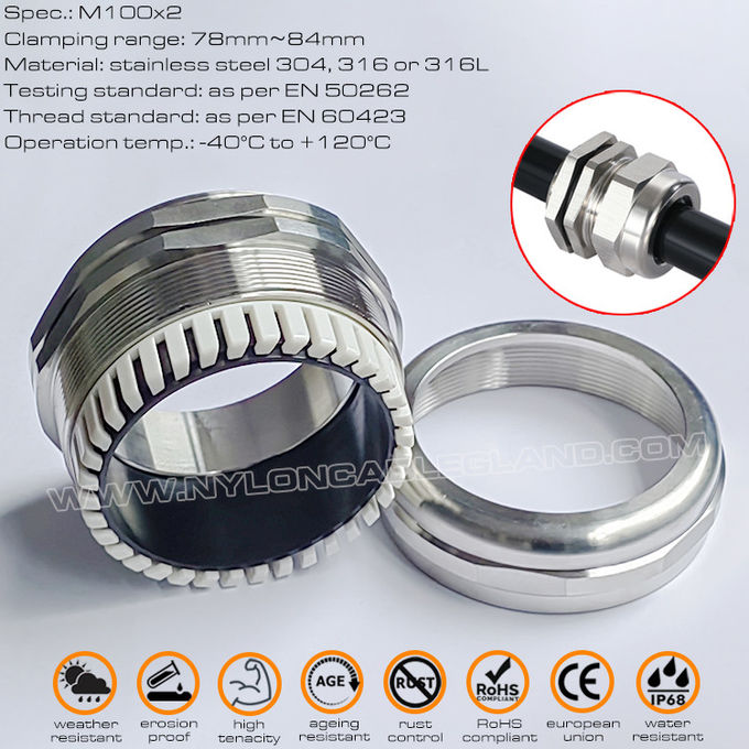 304, 316, 316L paslanmaz çelik metrik kablo rakoru konektörü, IP68 derecesi, EN 60423, M100x2.0, 78~84mm aralığı için