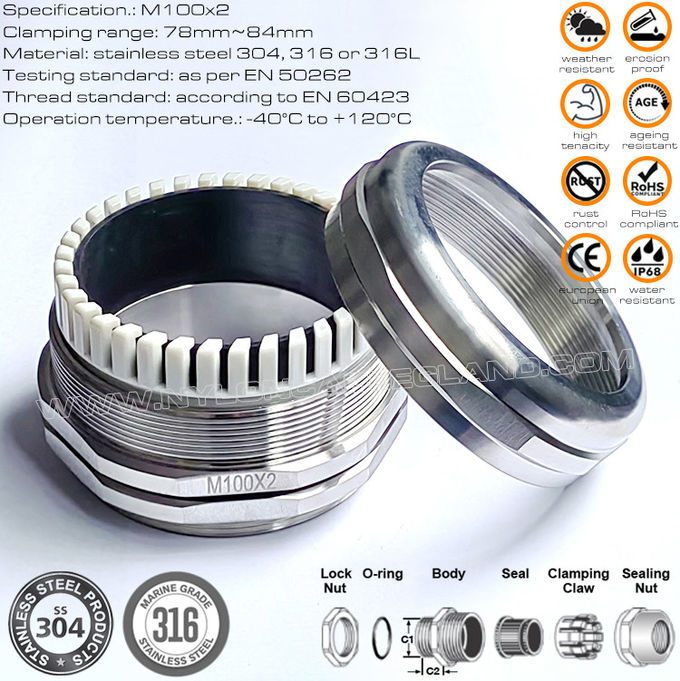 IP68 kablo bezi, metrik dişli, EN 60423, paslanmaz çelik 304, 316 veya 316L, M100x2, 78~84mm kablo için