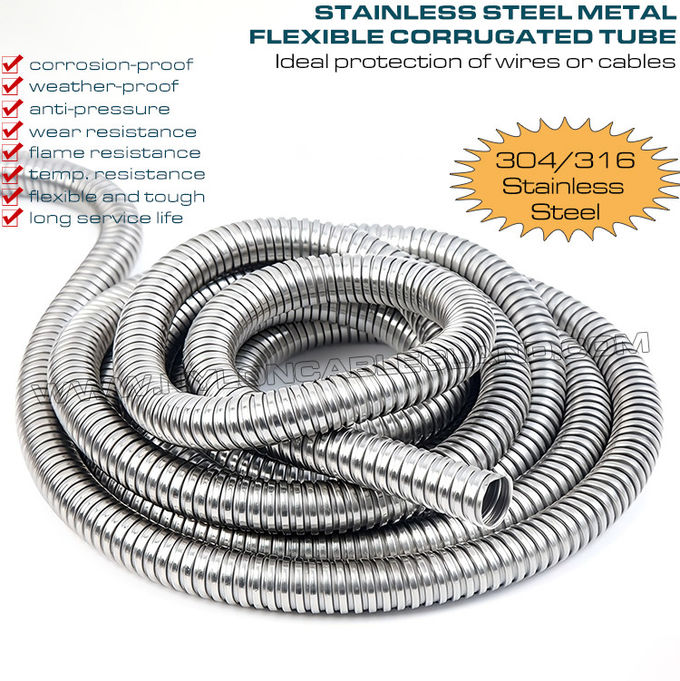 304/316 Paslanmaz çelik esnek oluklu boru dalgalı hortum DN20 (Ø20mm x Ø24.3mm), 50 metre/makara, kablo veya tellerin korunması için