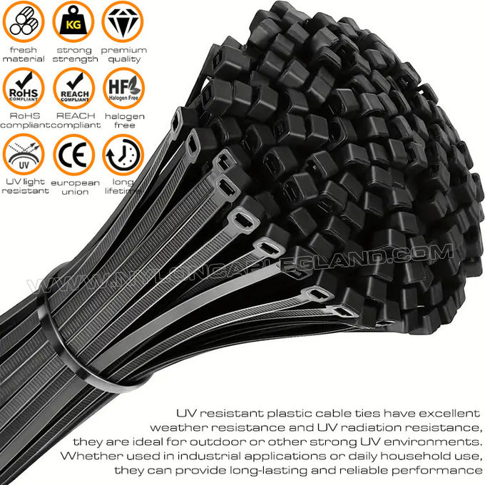 UV dirençli kablo bağı tel bağı, siyah naylon 6.6 plastik zip kravat 200mm x 4.8 (22kgs, 50lbs, 222N) yüksek UV ortamları için