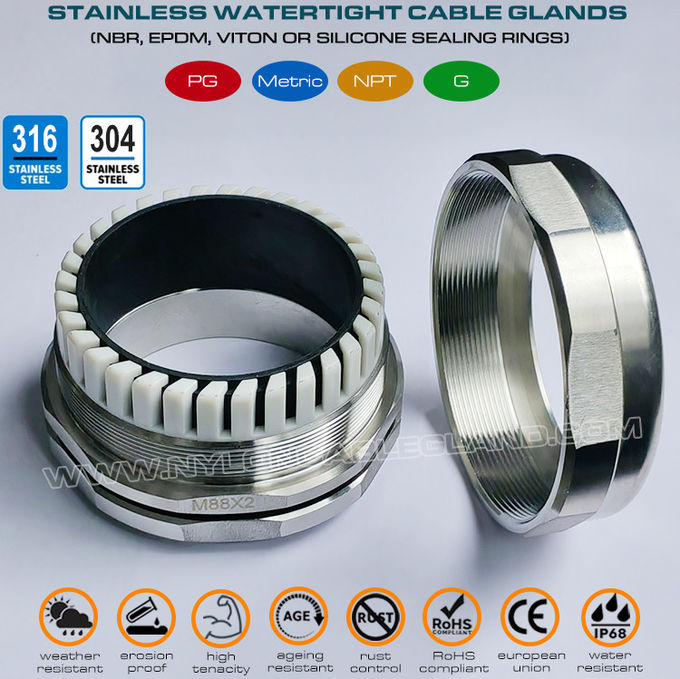 304 paslanmaz çelik su geçirmez kablo rakoru, 65~70mm ayarlanabilir 316 paslanmaz çelik M88x2 metrik kablo bezi IP68 büyük kablolar için