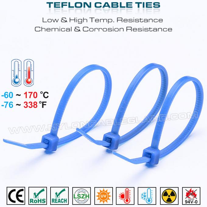Teflon mavi kablo kravat 3.6x200mm, 94V-0 ETFE kablo kayışı aşırı ortamlar için kimyasallara dayanıklı kablo kemeri
