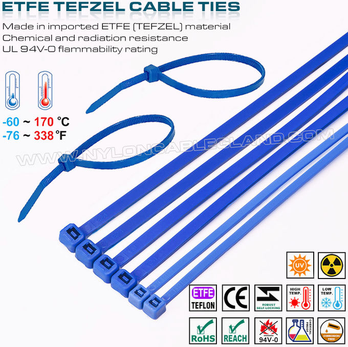 Mavi Teflon kablo bağı 200 x 4,8 mm, 94V-0 ETFE kablo bağı zorlu ortamlar için 23 kg kimyasallara dayanıklı Tefzel kablo bağı