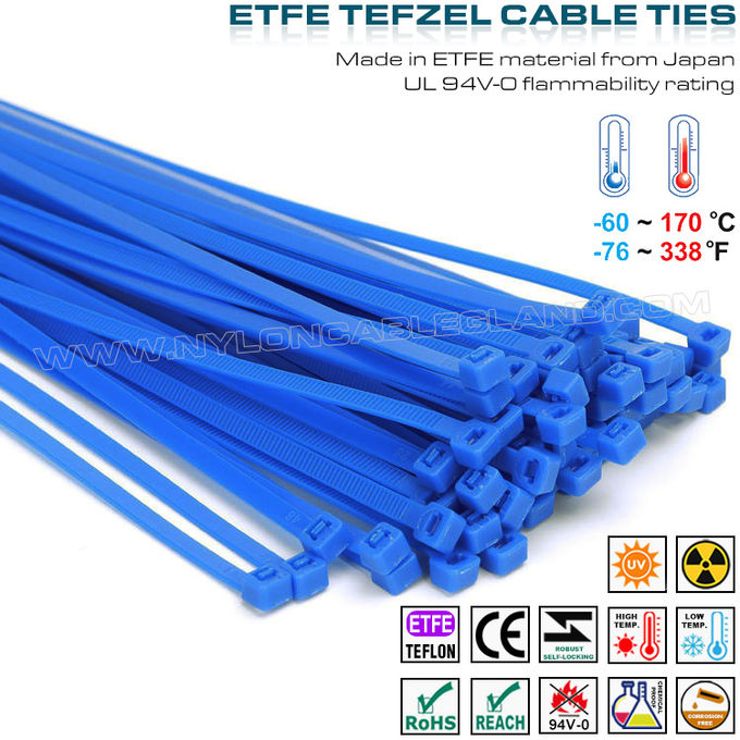 Mavi Teflon kablo kravat 200 x 4,8 mm, 94V-0 ETFE kablo kayışı zorlu ortamlar için 23 kg Tefzel kablo kemeri
